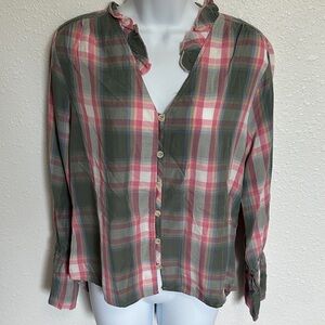 Billy T Plaid Ruffled Collar Bell Sleeves Blouse Size Large